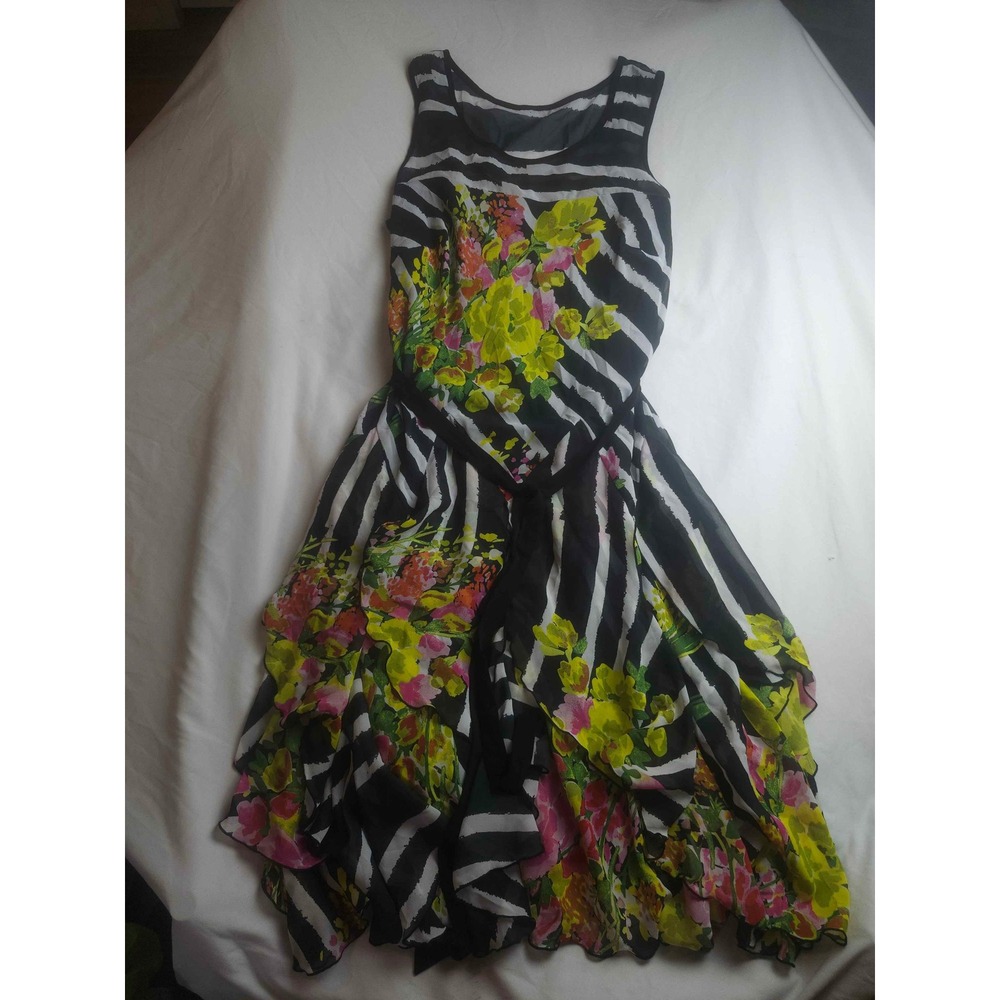 Signature by Robbie Bee Floral Stripe Handkerchief Hem Dress Womens 16W Black